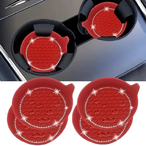NBTEPEM Bling Car Cup Holder Coasters 2.75 inch (7cm) Silicone Set of 4 | Sparkle Red Automotive Interior Accessories for Women thumbnail 1