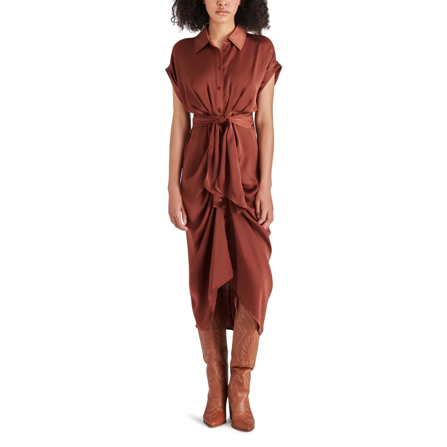 Steve Madden Tori Dress 2 | Flattering Satin Midi Dress with Tie Waist (70-120 chars) — Cinnamon / 6