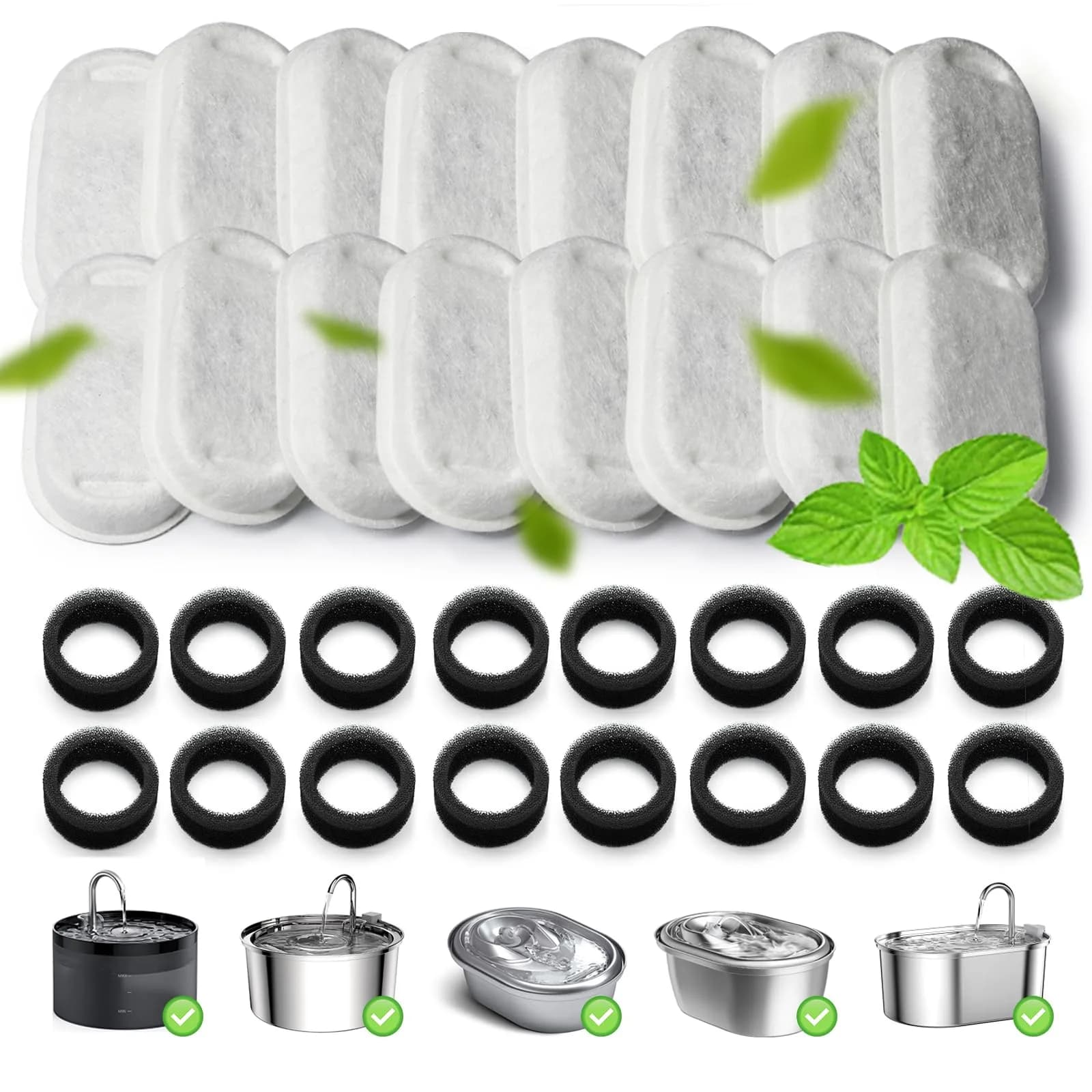 KANCHOU Cat Water Fountain Filter 32Pcs for 101oz/3L Stainless Steel Pet Fountain | 16 Filters + 16 Sponges — 16 Filters+16 Sponges (8 Month Supply)