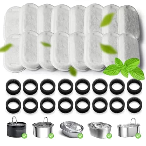 KANCHOU Cat Water Fountain Filter 32Pcs for 101oz/3L Stainless Steel Pet Fountain | 16 Filters + 16 Sponges thumbnail 1