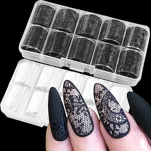 SILPECWEE 20 Rolls Lace Nail Foil White and Black Flower Nail Art Transfer Foils | Holographic Mermaid Designs for DIY Acrylic Nails thumbnail 1