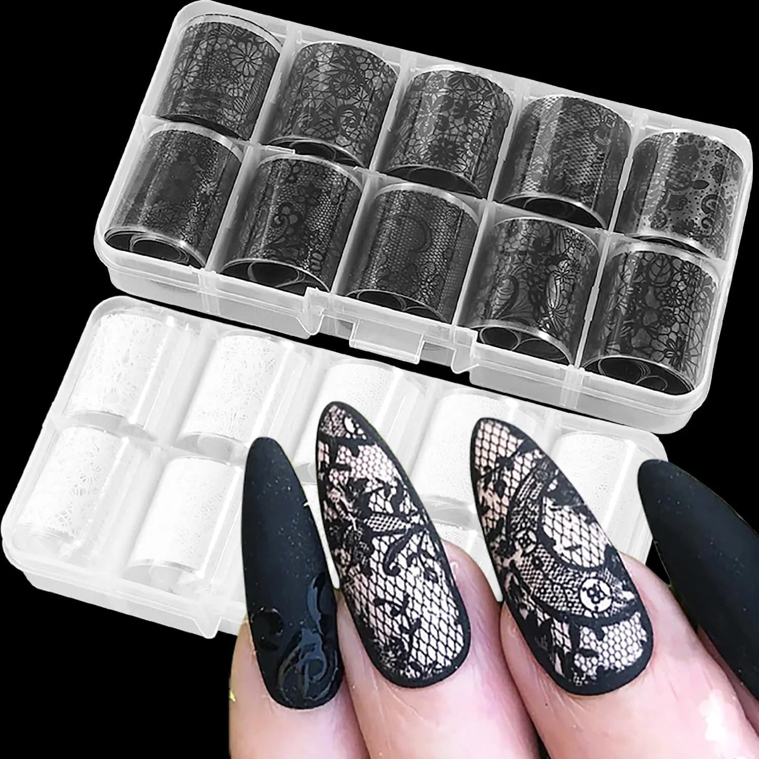 SILPECWEE 20 Rolls Lace Nail Foil White and Black Flower Nail Art Transfer Foils | Holographic Mermaid Designs for DIY Acrylic Nails