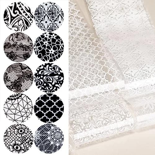 SILPECWEE 20 Rolls Lace Nail Foil White and Black Flower Nail Art Transfer Foils | Holographic Mermaid Designs for DIY Acrylic Nails thumbnail 8