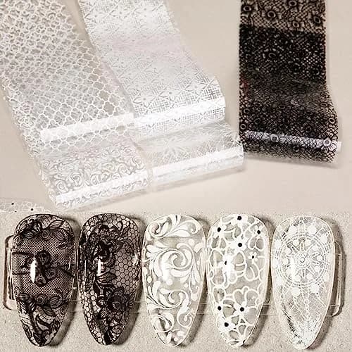 SILPECWEE 20 Rolls Lace Nail Foil White and Black Flower Nail Art Transfer Foils | Holographic Mermaid Designs for DIY Acrylic Nails thumbnail 4