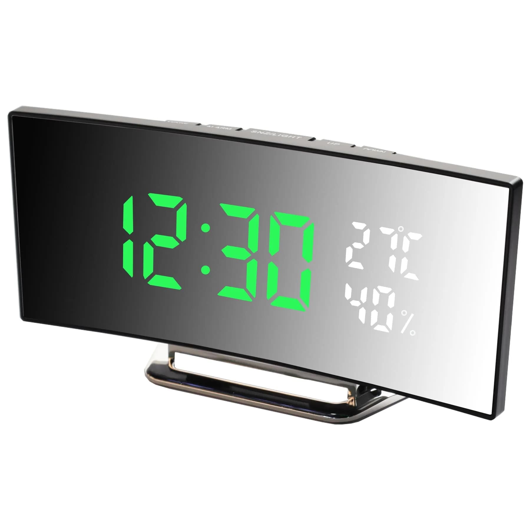 Derkiewn Digital Alarm Clock with Large Mirror LED Display, 3 Brightness Levels, 2 Alarms, Snooze, Temperature & Humidity, USB Power (G&W)