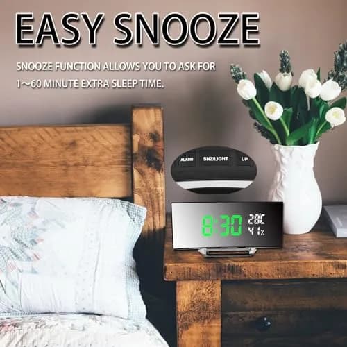 Derkiewn Digital Alarm Clock with Large Mirror LED Display, 3 Brightness Levels, 2 Alarms, Snooze, Temperature & Humidity, USB Power (G&W) thumbnail 4