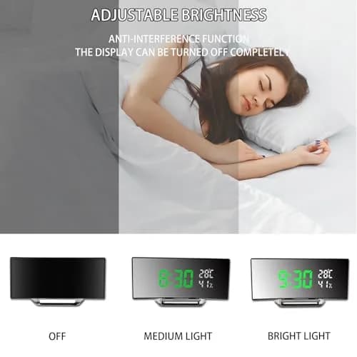 Derkiewn Digital Alarm Clock with Large Mirror LED Display, 3 Brightness Levels, 2 Alarms, Snooze, Temperature & Humidity, USB Power (G&W) thumbnail 2
