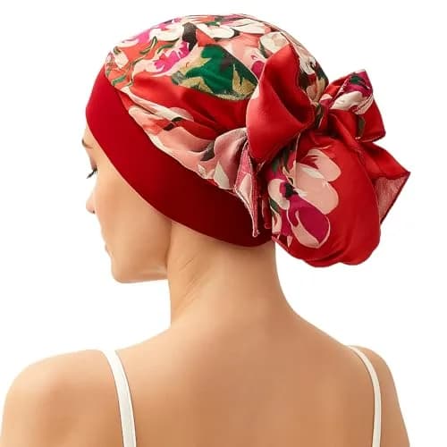 FADACHY Chemo Turban with Head Scarf for Women, Floral Red, One Size (40g) | Comfortable Headwear for Hair Loss thumbnail 3