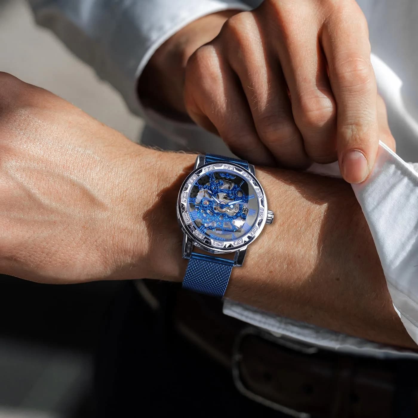 FORSINING Retro Skeleton Mechanical Watch 45mm (1.77in) | Automatic Self-Winding with Blue Dial & Mesh Band - view 5