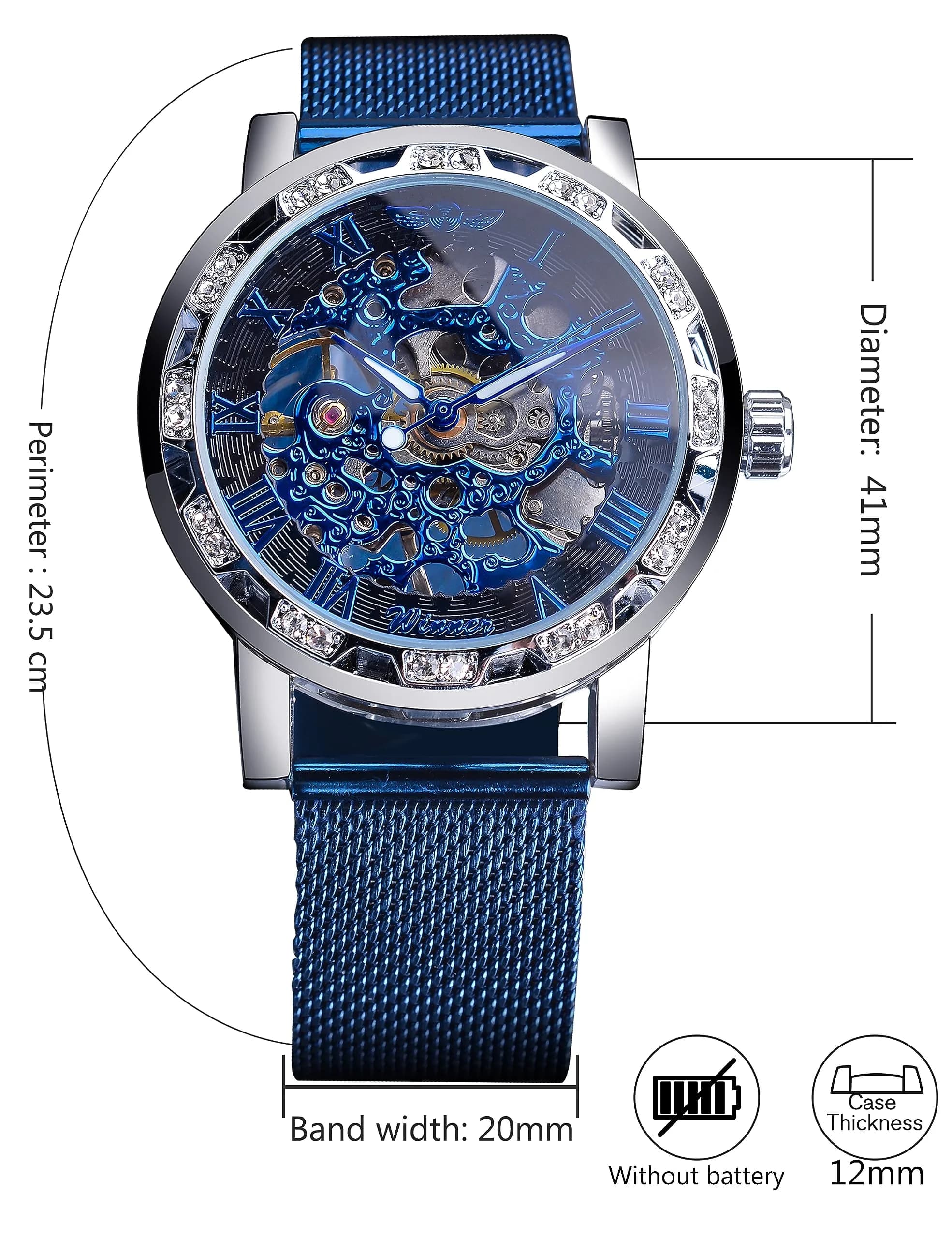 FORSINING Retro Skeleton Mechanical Watch 45mm (1.77in) | Automatic Self-Winding with Blue Dial & Mesh Band - view 6