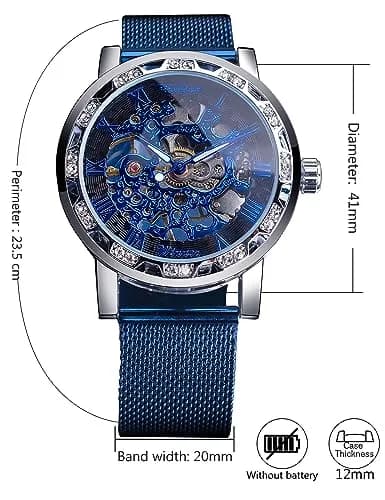 FORSINING Retro Skeleton Mechanical Watch 45mm (1.77in) | Automatic Self-Winding with Blue Dial & Mesh Band thumbnail 6