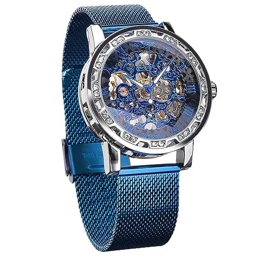 FORSINING Retro Skeleton Mechanical Watch 45mm (1.77in) | Automatic Self-Winding with Blue Dial & Mesh Band thumbnail 1