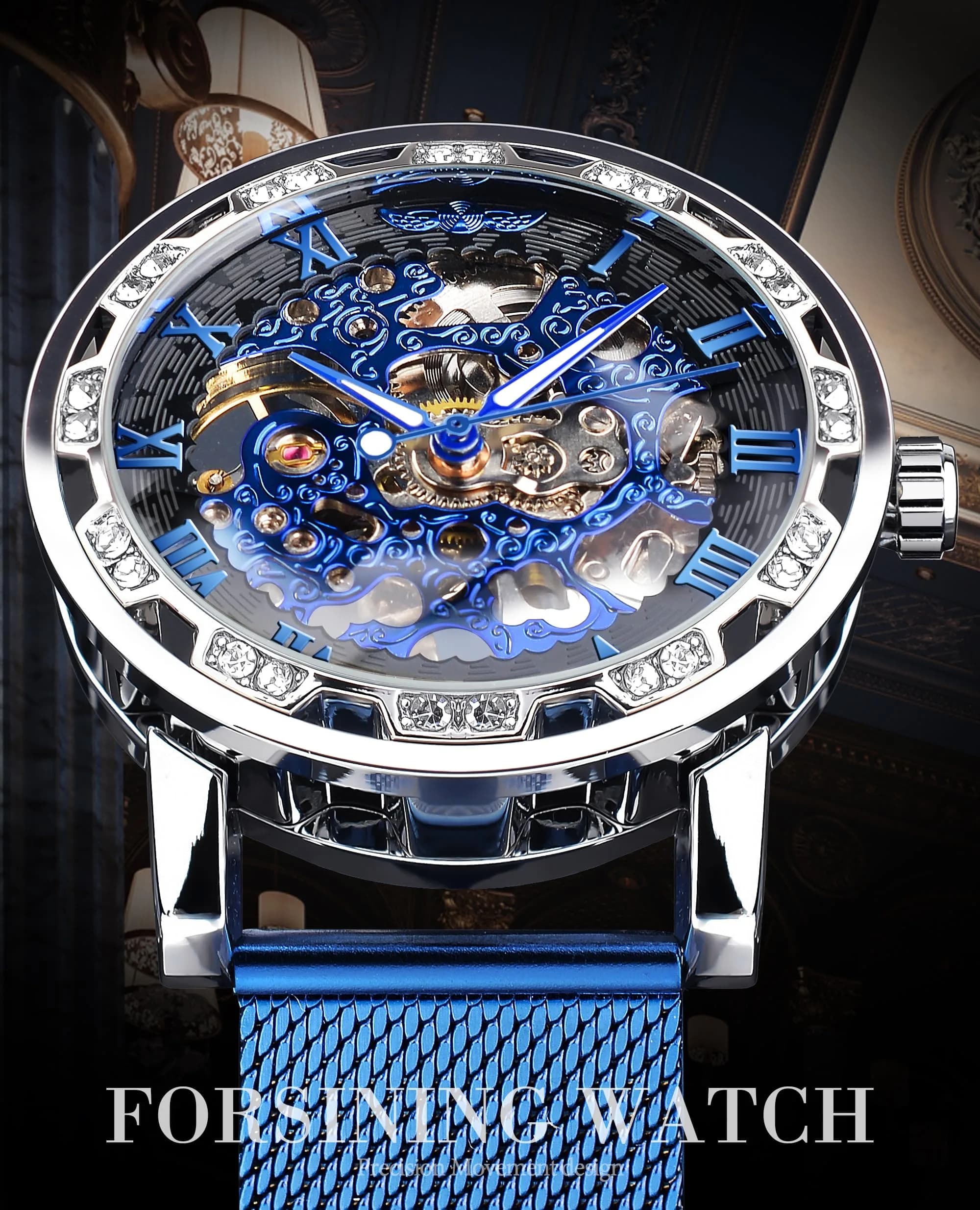 FORSINING Blue2 Skeleton Automatic Mechanical Men's Watch 45mm with Diamond Accents - view 2