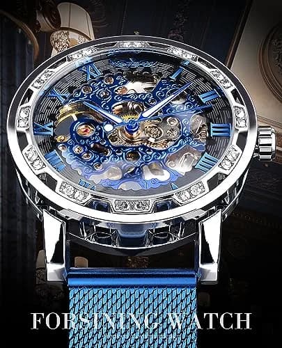 FORSINING Retro Skeleton Mechanical Watch 45mm (1.77in) | Automatic Self-Winding with Blue Dial & Mesh Band thumbnail 2