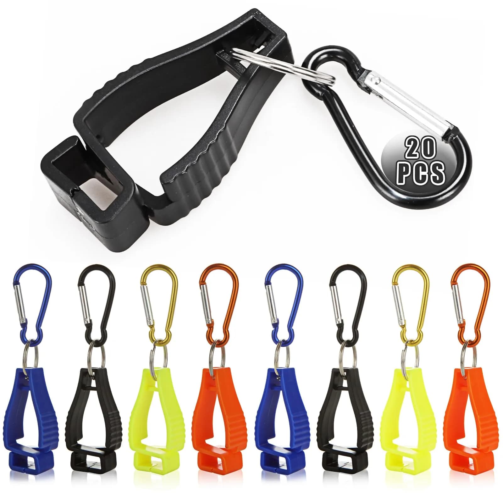 FVIEXE 20PCS Work Glove Clips with Metal Carabiner & Plastic Grip | 4 Colors — Blue, Black, Orange, Yellow