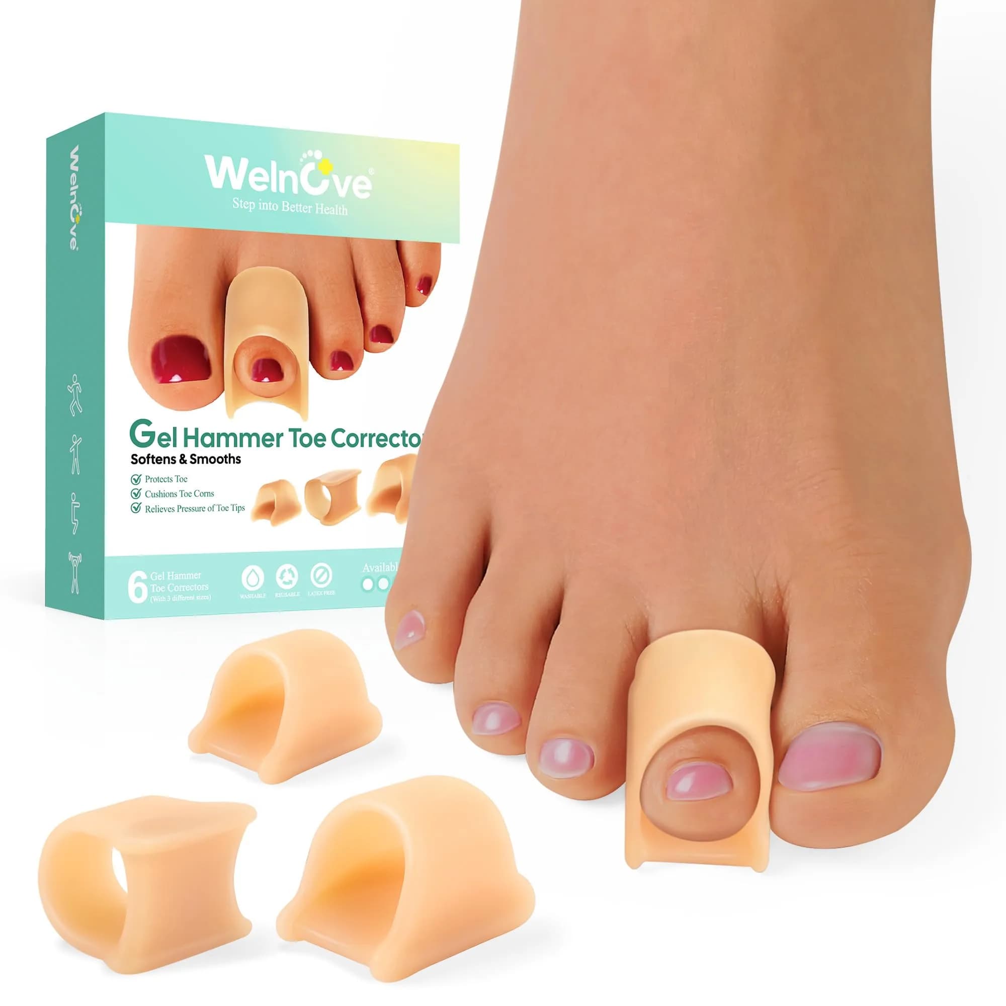 Welnove Hammertoe Corrector - 6 Pack Toe Splints - Soft Gel Toe Straighteners - Realign Bent, Curled, Crooked, Claw, Hammer Toes - Toe Corrector for Men and Women, 3 Sizes - main product image