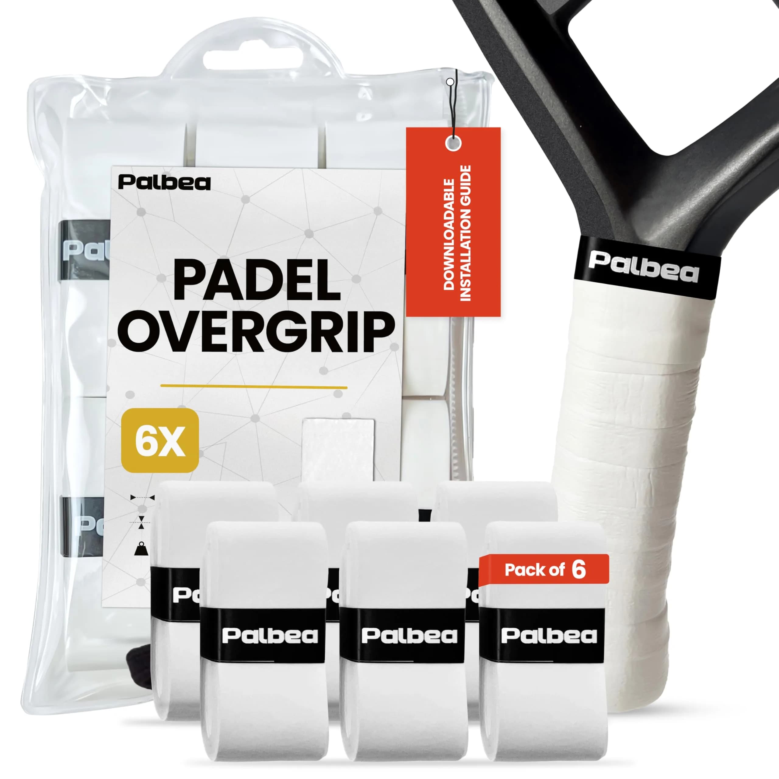 Palbea Padel Racket Grip Tape 6-Pack White | Sweat-Absorbing Non-Slip Overgrip - main product image