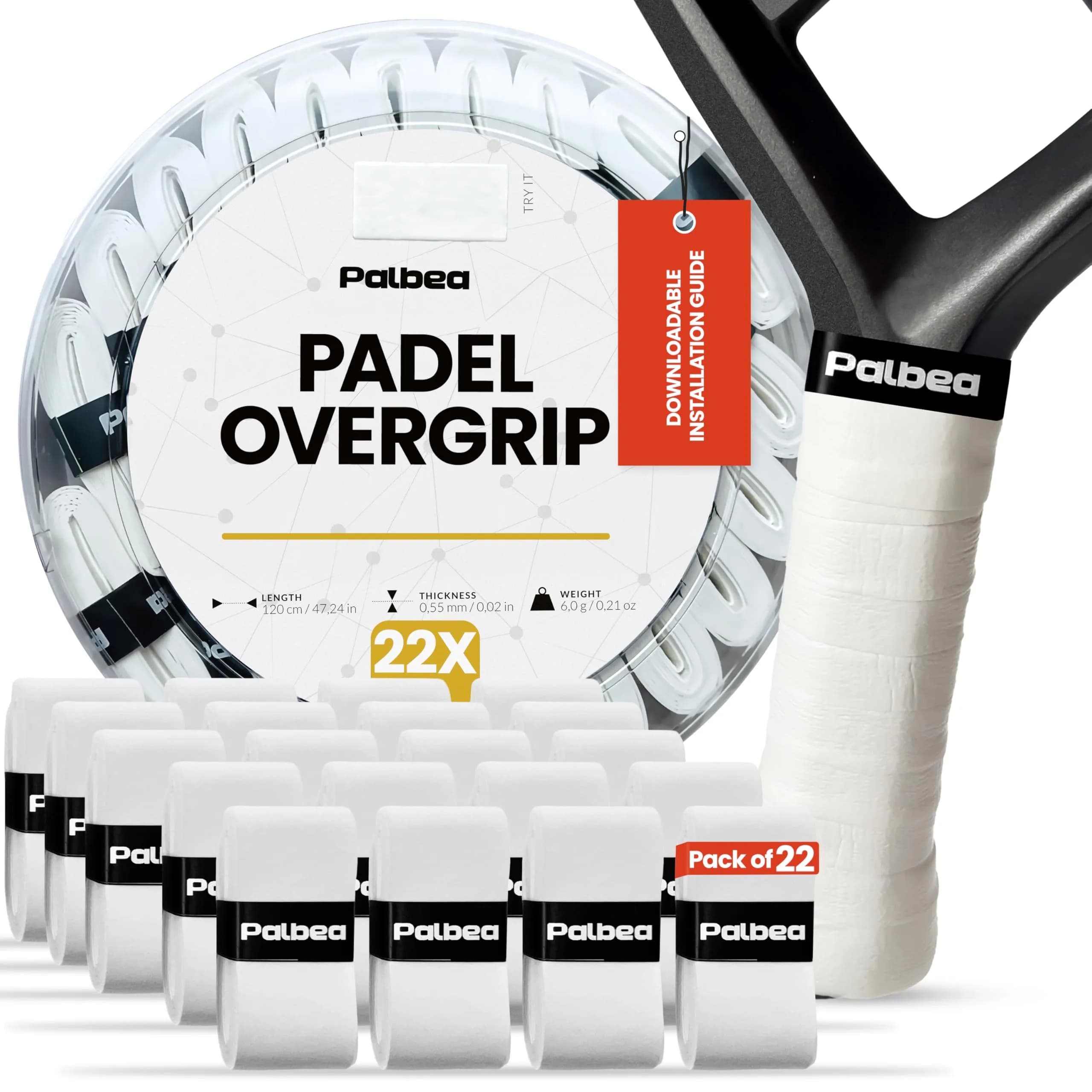 Palbea Padel Racket Grip Tape - 22 Pack White | Sweat-Absorbent & Anti-Slip for Padel & Tennis - main product image