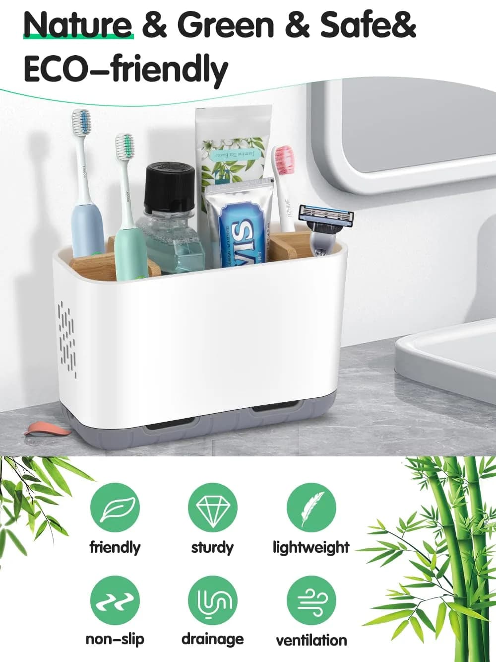 GFWARE Bamboo Divider Toothbrush Holder for Bathrooms | 5 Slots, Detachable, White thumbnail 2