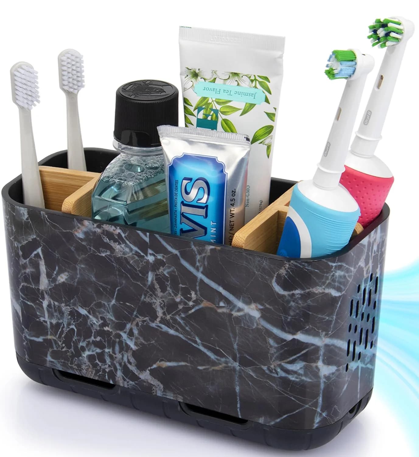 GFWARE Marble Toothbrush Holder with 5 Slots & Drainage, Large Countertop Organizer | Bathroom & Vanity Stand — Marble-l