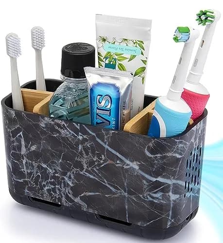 GFWARE Marble Toothbrush Holder with 5 Slots & Drainage, Large Countertop Organizer | Bathroom & Vanity Stand thumbnail 1