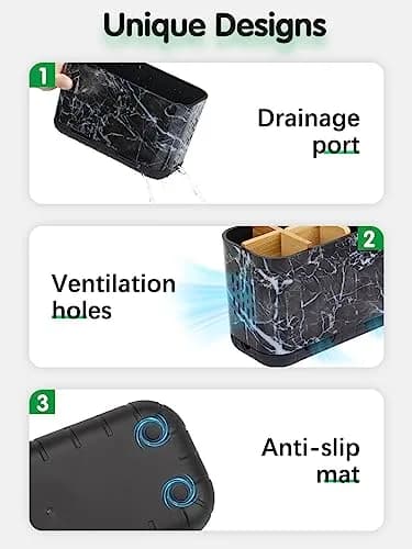 GFWARE Marble Toothbrush Holder with 5 Slots & Drainage, Large Countertop Organizer | Bathroom & Vanity Stand thumbnail 4