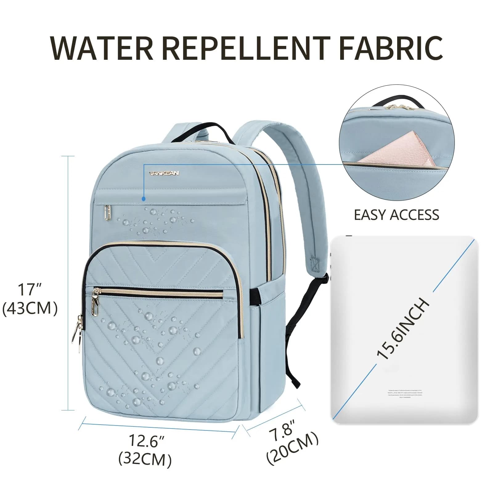 VANKEAN Quilted Light Blue Laptop Backpack 20L (0.72 kg) | Waterproof Nylon Bag for 15.6 Inch Laptops - view 2