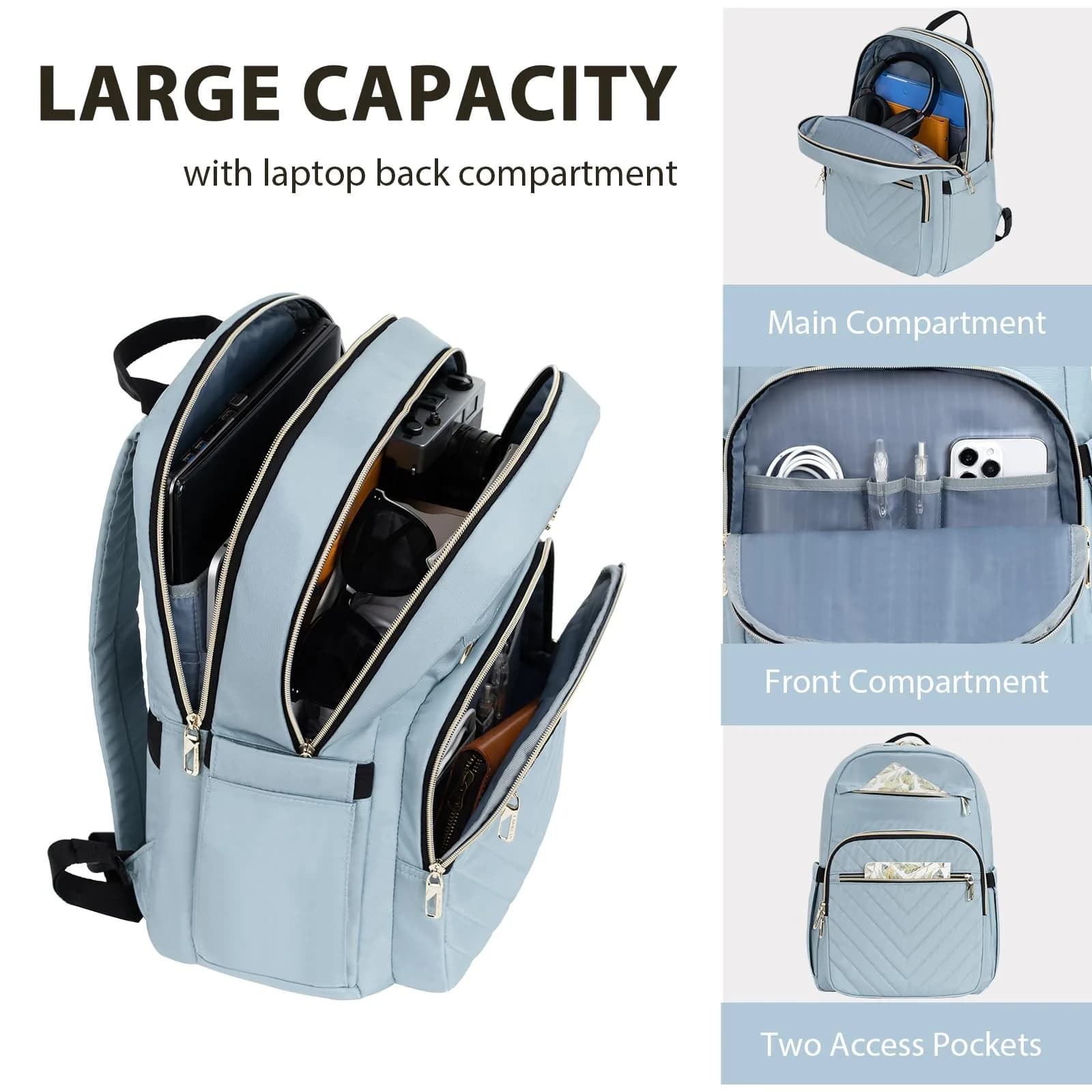 VANKEAN Quilted Light Blue Laptop Backpack 20L (0.72 kg) | Waterproof Nylon Bag for 15.6 Inch Laptops - view 3