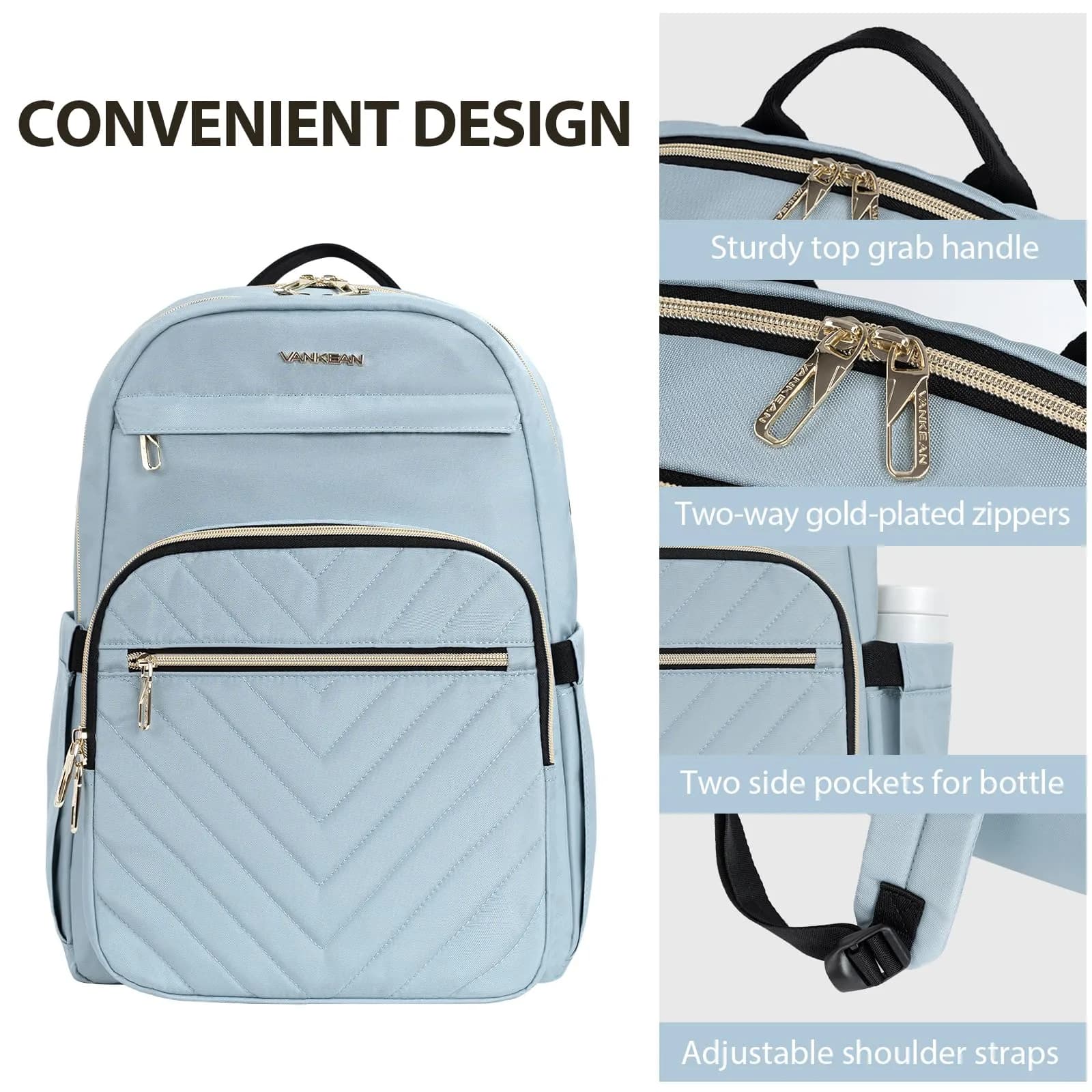 VANKEAN Quilted Light Blue Laptop Backpack 20L (0.72 kg) | Waterproof Nylon Bag for 15.6 Inch Laptops - view 4