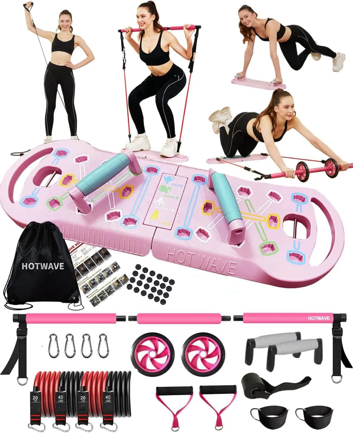 HOTWAVE Push Up Board, Foldable Portable 20 in 1 Fitness System with Resistance Bands — Pink