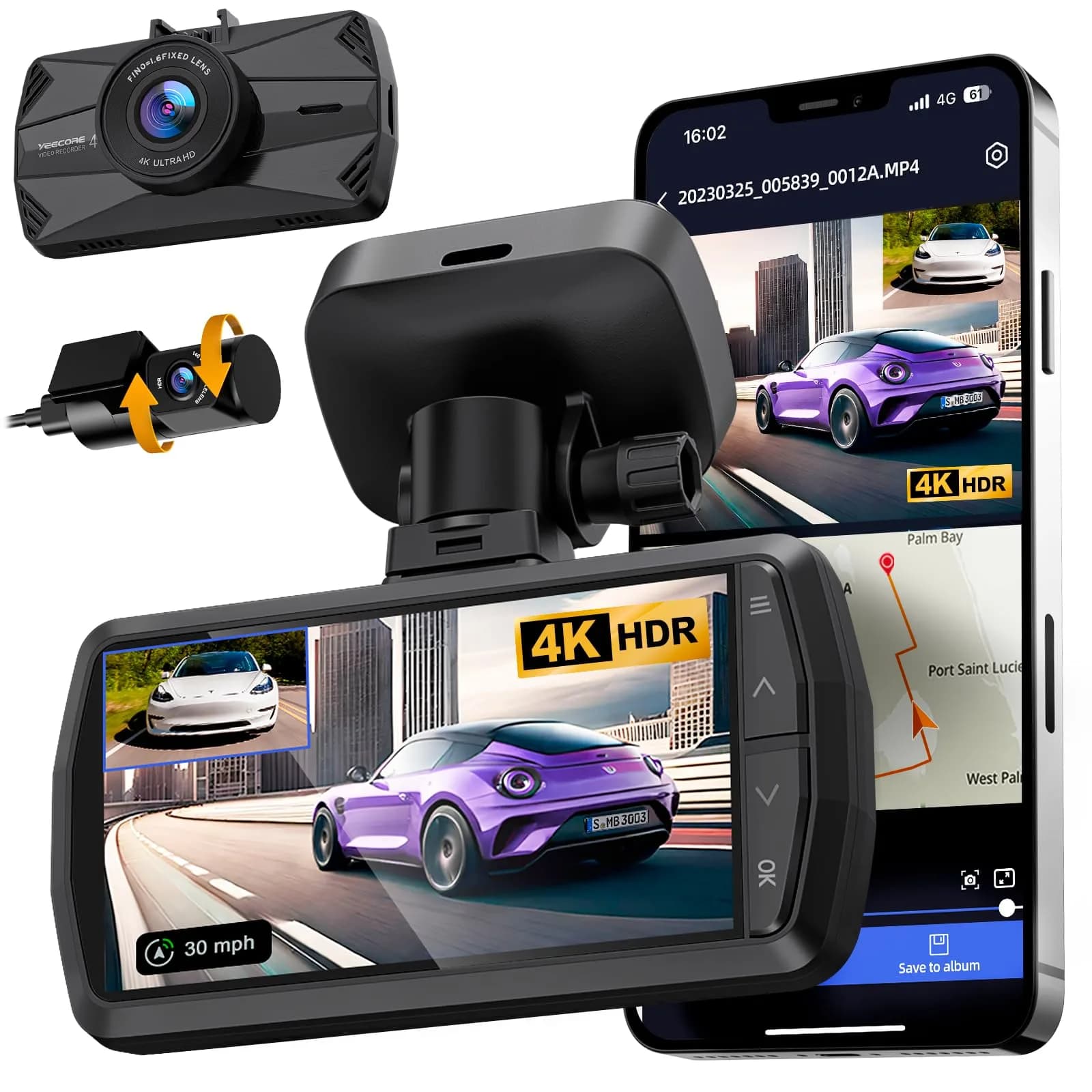 YEECORE 4K Dash Cam Front and Rear, Built-in WiFi GPS, 3" IPS Screen | Ultra HD 4K+1080P Dual Dash Cam with Night Vision — Black