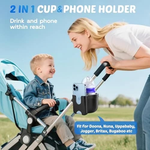 Guiseapue 2 Pack Walker Cup Holder with Phone Holder, Black | Fits Most Strollers & Mobility Aids thumbnail 2