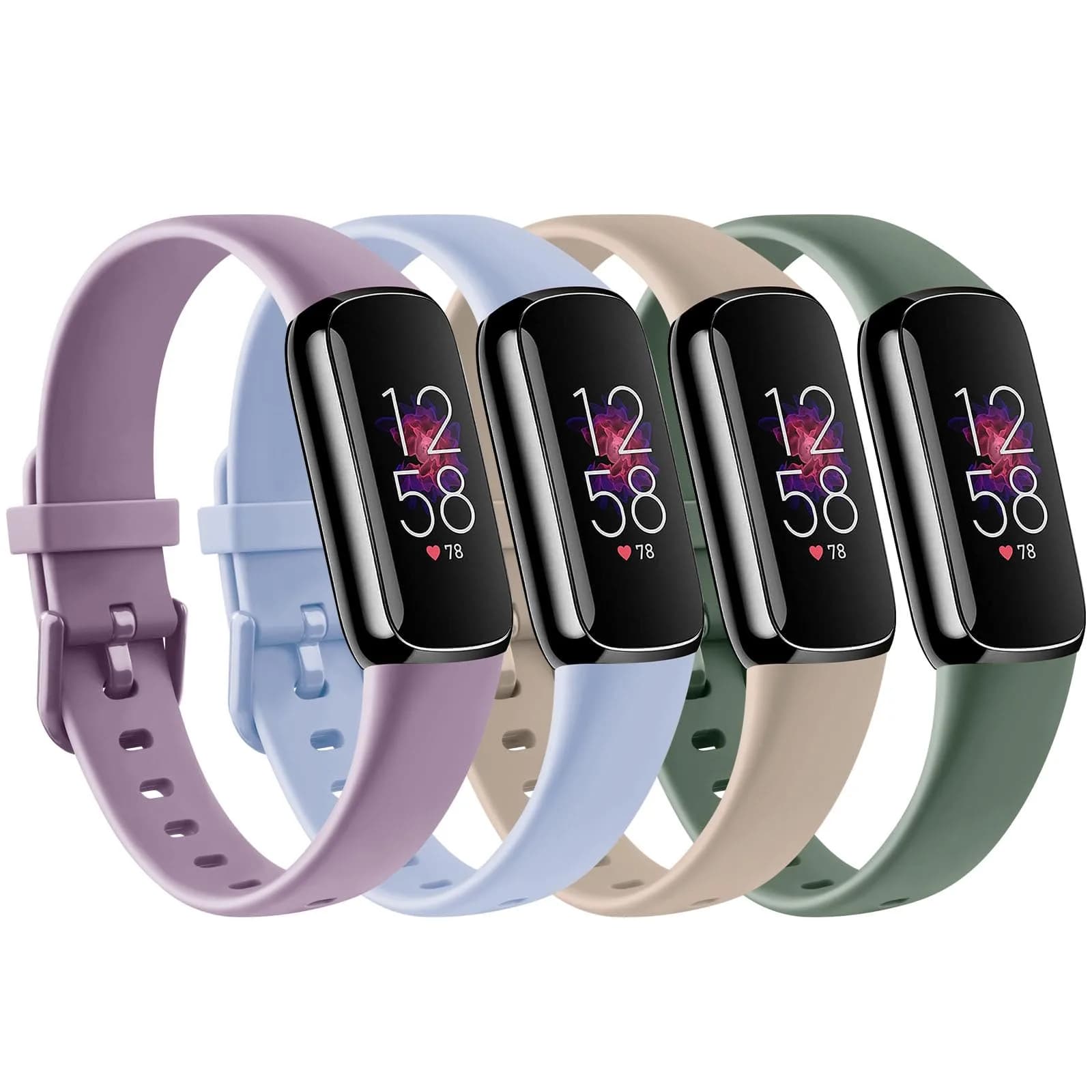 AK Sport Bands 4 Pack for Fitbit Luxe Small | Silicone Replacement Straps in Light Pink/Starlight/Smoke Violet/Milk Tea — Light Purple/Baby Blue/Milk Tea/Avocado Green