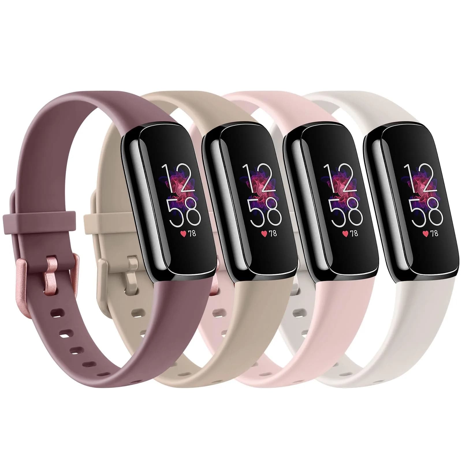 AK Sport Bands 4 Pack for Fitbit Luxe Small | Silicone Replacement Straps in Light Pink/Starlight/Smoke Violet/Milk Tea - main product image