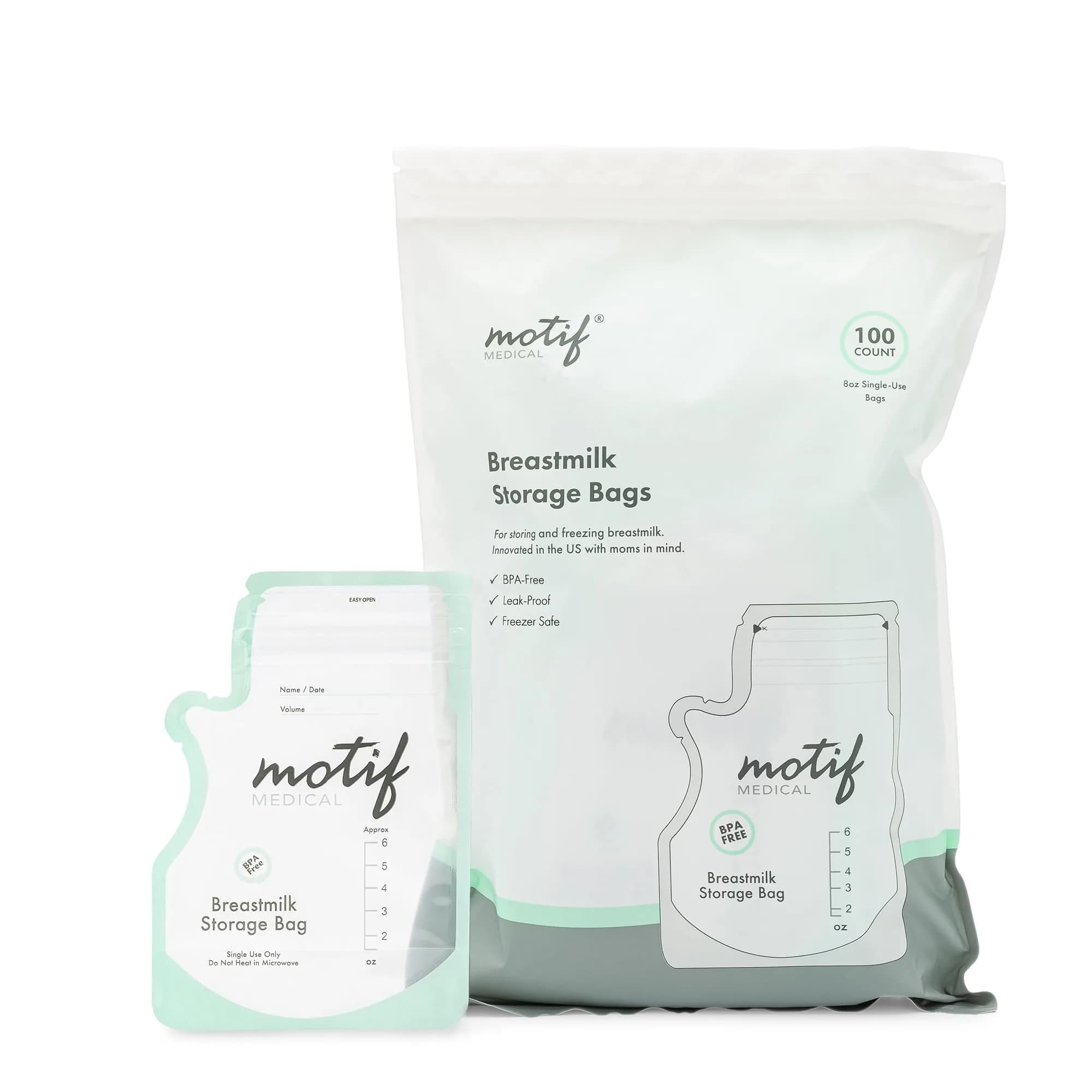 Motif Medical Breast Milk Storage Bags 6 Oz (100 Count) | Leakproof Double Zipper, Easy-Pour Spout