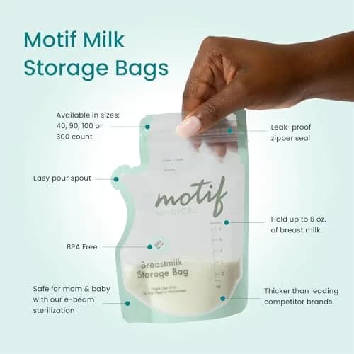Motif Medical Breast Milk Storage Bags 6 Oz (100 Count) | Leakproof Double Zipper, Easy-Pour Spout thumbnail 2