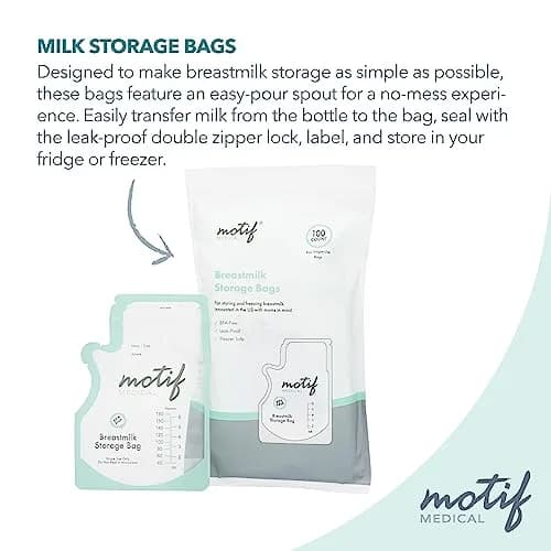 Motif Medical Breast Milk Storage Bags 6 Oz (100 Count) | Leakproof Double Zipper, Easy-Pour Spout thumbnail 4