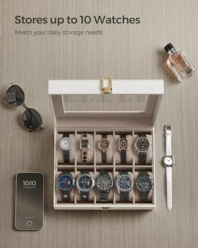 SONGMICS 10-Slot Watch Box with Glass Lid & Removable Pillows 20.2 x 25.5 x 7.8 cm (8" x 10" x 3.1") | Protects Watches from Dust & Scratches thumbnail 4