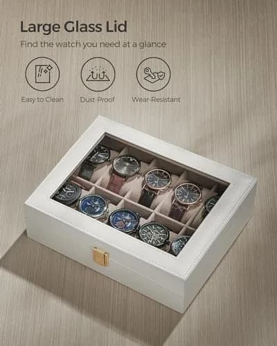 SONGMICS 10-Slot Watch Box with Glass Lid & Removable Pillows 20.2 x 25.5 x 7.8 cm (8" x 10" x 3.1") | Protects Watches from Dust & Scratches thumbnail 5