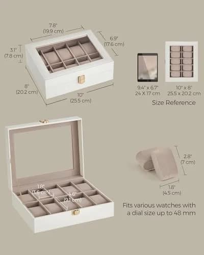 SONGMICS 10-Slot Watch Box with Glass Lid & Removable Pillows 20.2 x 25.5 x 7.8 cm (8" x 10" x 3.1") | Protects Watches from Dust & Scratches thumbnail 6