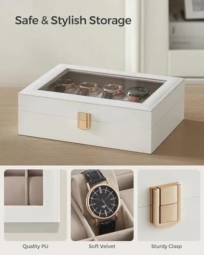 SONGMICS 10-Slot Watch Box with Glass Lid & Removable Pillows 20.2 x 25.5 x 7.8 cm (8" x 10" x 3.1") | Protects Watches from Dust & Scratches thumbnail 3