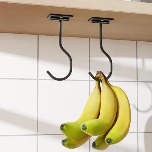 bussdis Adhesive Banana Hook Under Cabinet, Black, 2 Pack | Holds Up to 13 lbs — Black