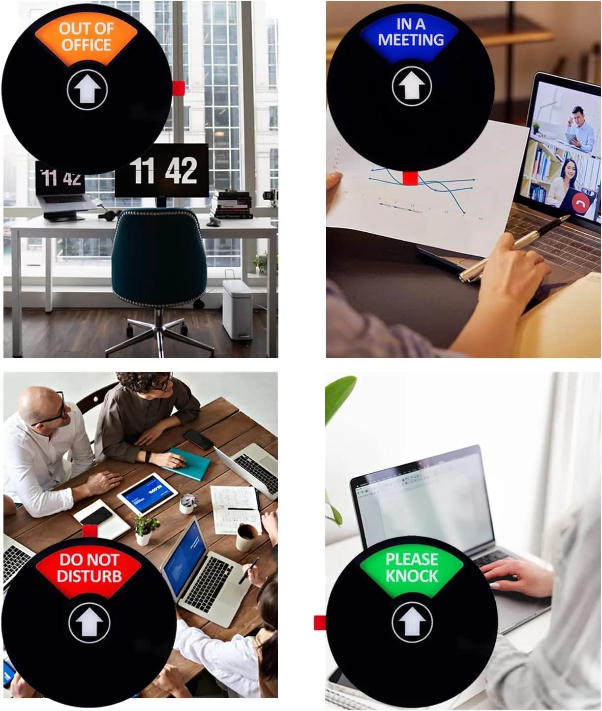 Kichwit Privacy Sign for Office Door, Do Not Disturb Sign, Out of Office, Please Knock, In a Meeting, 6 Inch Black | 4-Way Status Indicator - view 4