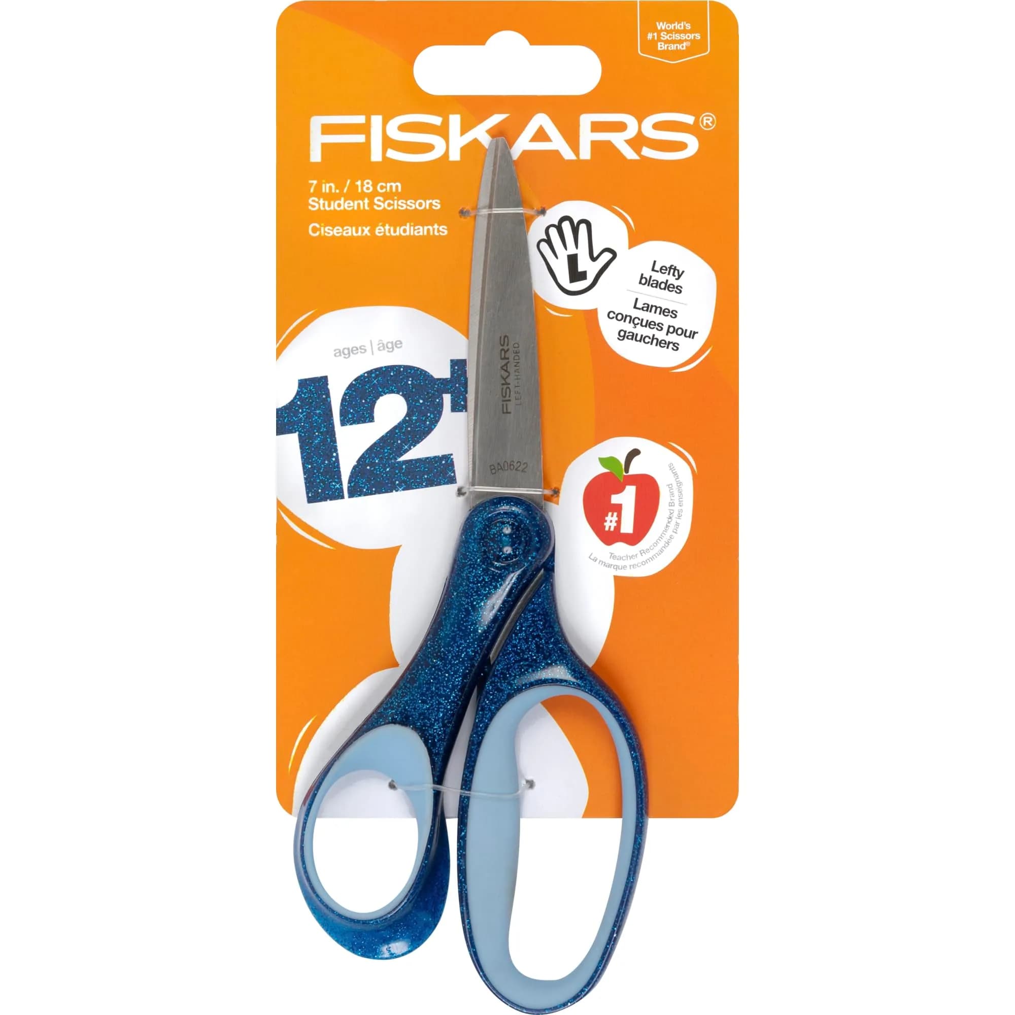 Fiskars 7" SoftGrip Left-Handed Student Scissors for Kids 12+ | Precise, Ergonomic & Glitter Handle — Blue Glitter