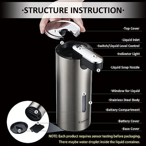 Crehora Automatic Liquid Soap Dispenser Touchless Stainless Steel 340ml (12oz) | Hygienic Hands-Free Dispensing thumbnail 5