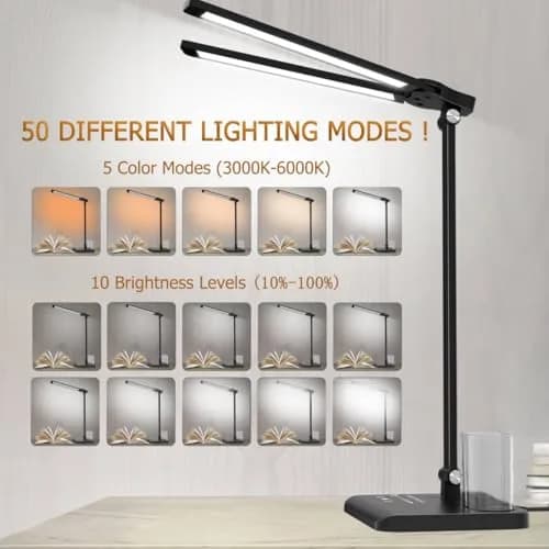 CHARYJOD Dimmable LED Desk Lamp with USB Port | 50 Lighting Modes, Dual Swing Arm, Eye-Caring, Auto Timer thumbnail 4