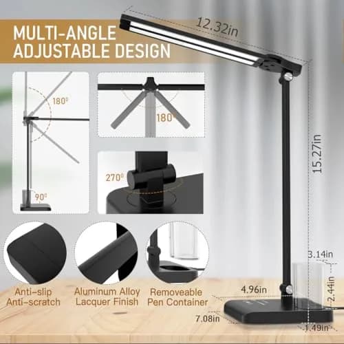 CHARYJOD Dimmable LED Desk Lamp with USB Port | 50 Lighting Modes, Dual Swing Arm, Eye-Caring, Auto Timer thumbnail 5