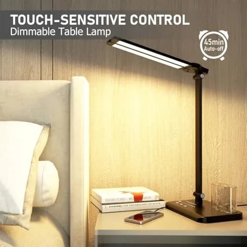 CHARYJOD Dimmable LED Desk Lamp with USB Port | 50 Lighting Modes, Dual Swing Arm, Eye-Caring, Auto Timer thumbnail 7