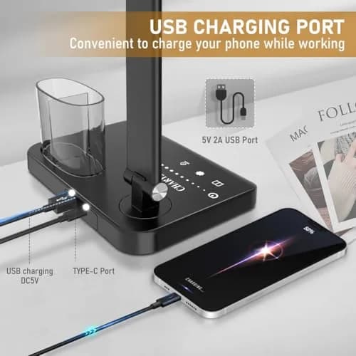 CHARYJOD Dimmable LED Desk Lamp with USB Port | 50 Lighting Modes, Dual Swing Arm, Eye-Caring, Auto Timer thumbnail 2