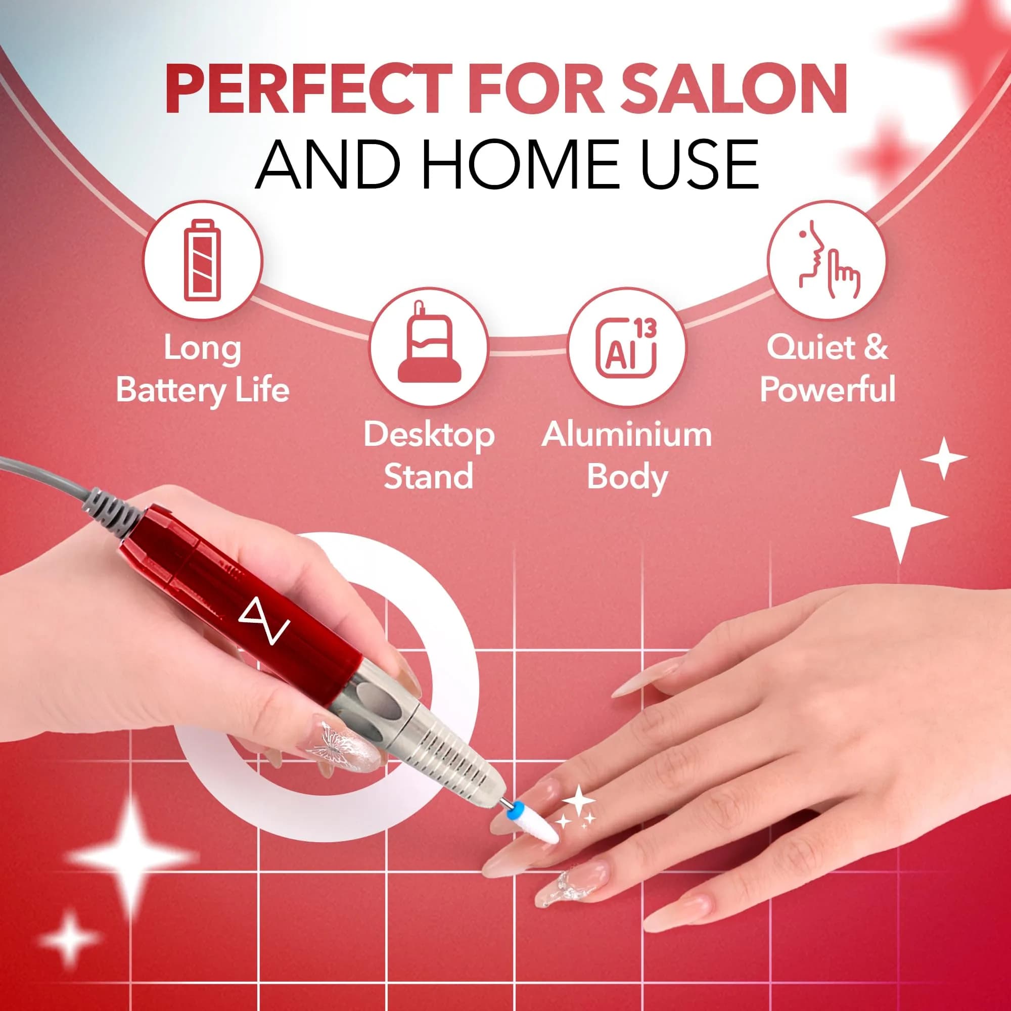 M Max Brushless 2-in-1 Nail Drill 35000 RPM Cordless Red | Professional Salon & Home Use - view 7